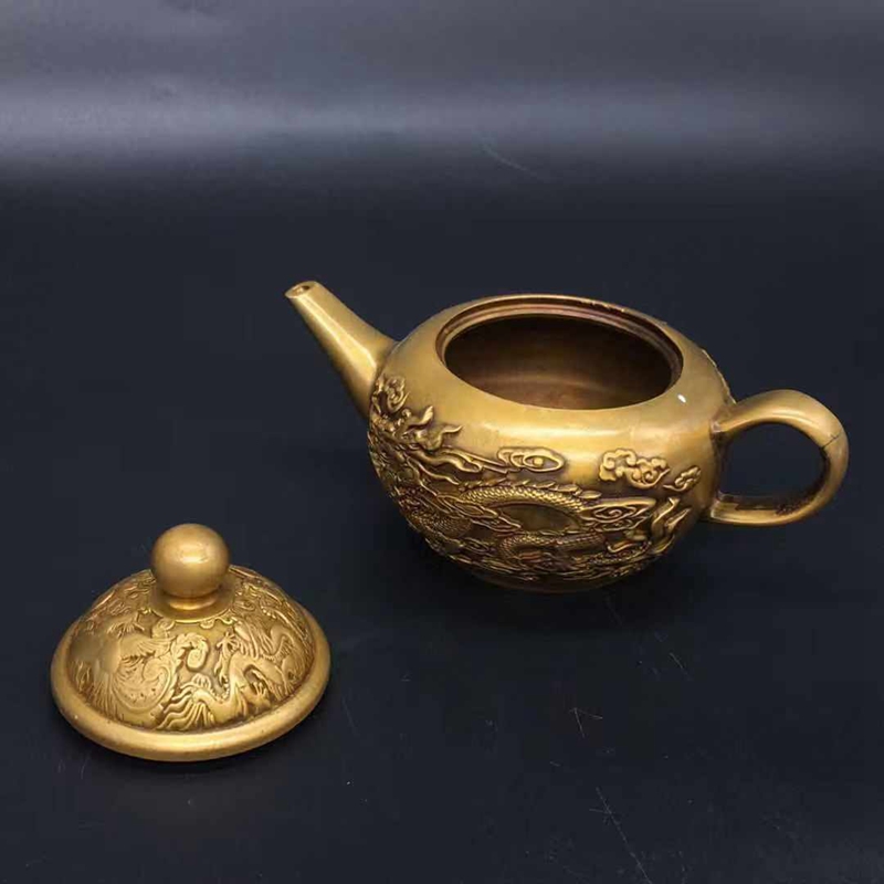 古董古玩復古純銅茶壺龍鳳呈祥小銅壺龍飛鳳舞酒壺乾隆年造銅壺1入| 銀 