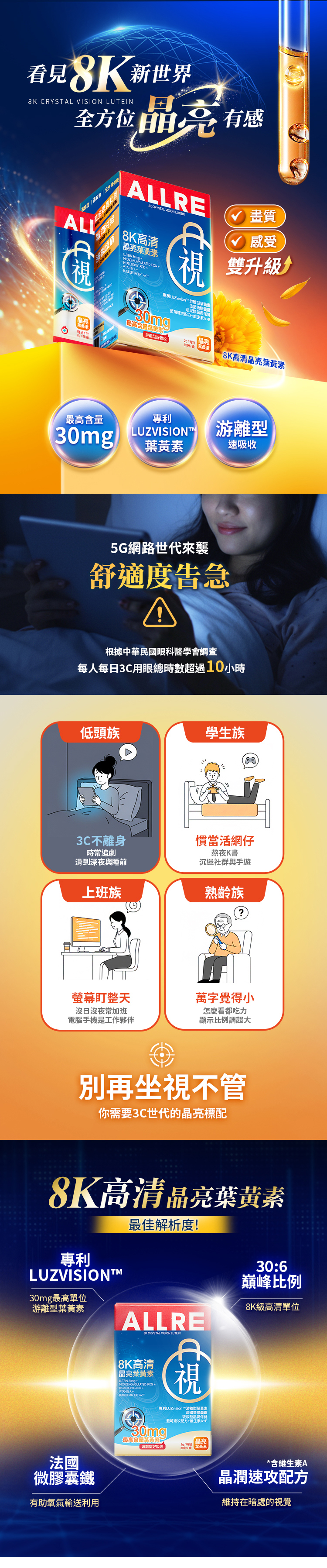 看見8K 新世界8K CRYSTAL  全方位有感高ALLRE CRYSTAL  畫質ALL8K高清     EXTRACT視型mg最高含量葉黃素藍配方AE玻尿酸感受雙升級晶亮游離型好吸收 晶亮308K高清晶亮葉黃素最高含量30mg專利LUZVISION 游離型葉黃素速吸收5G網路世代來襲舒適度告急A根據中華民眼科醫學會調查每人每日3C用眼總時數超過10小時低頭族學生族3C不離身時常追劇滑到深夜與睡前慣當活網仔熬夜K書沉迷社群與手遊上班族熟齡族盯整天萬字覺得小沒日沒夜常加班怎麼看都吃力電腦手機是工作夥伴顯示比例調超大別再坐視不管你需要3C世代的晶亮標配8K高清晶亮葉黃素最佳解析度!專利LUZVISION™30mg最高單位游離型葉黃素法國有助氧氣輸送利用ALLRE CRYSTAL VISION LUTEIN8K高清晶亮葉黃素LUTEN 30mg +  +  ++ EXTRACTA視專利LUZvision™游離型葉黃素最高含量葉黃素法國微膠囊鐵玻尿酸保健速配方+維生素A+E晶亮2g/每包游離型好吸收30:6巔峰比例8K級高清單位*含維生素A晶潤速配方維持在暗處的視覺