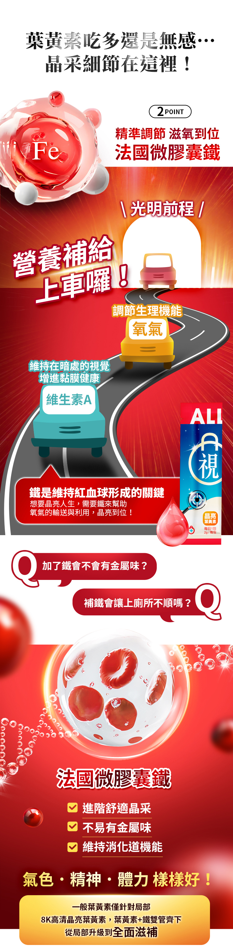 葉黃素吃多還是無感晶采細節在這裡!2 POINTFe精準調節 滋氧到位法國微膠囊鐵營養補給上車囉!維持在暗處的視覺 光明前程 /調節生理機能氧氣增進黏膜健康維生素A鐵是維持紅血球形成的關鍵想要晶亮人生,需要鐵來幫助氧氣的輸送與利用,晶亮到位!ALLA視加了鐵會不會有金屬味?補鐵會讓上廁所不順嗎?晶亮葉黃素每日1包2g / 每包法國微膠囊鐵 進階舒適晶采 不易有金屬味維持消化道機能氣色精神體力 樣樣好!一般葉黃素僅針對局部8K高清晶亮葉黃素,葉黃素+鐵雙管齊下從局部升級到全面滋補