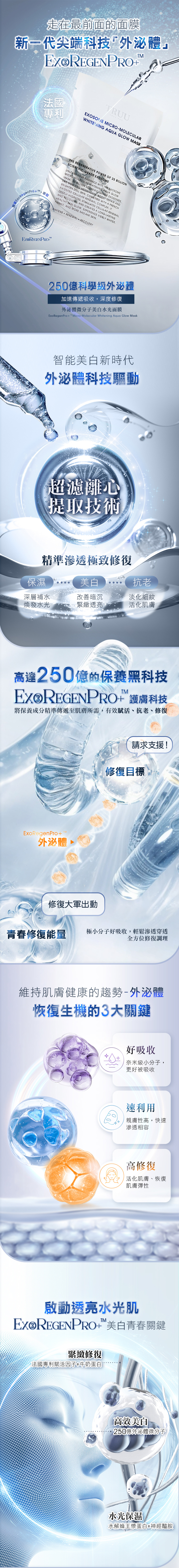 走在最前面的面膜新代尖端科技外體」法國專利 YOUEXOSO ICROMOLECULARHITENING  GLOW MASKPro萃取THE REGENERATIVE POWER OF  BILLION SCIENTI-GRADE EXOSOMEUNLEASH YOUR RADIANCE WITH THE EXOSOMEMASK 25 BILLION SCI STEM CELL MEMICRO-M W AQUA GLOWBRIGHTEFIC-GRADE EXOSOMESRIGHTEN DULL SKIN BOOST REPAIR ANDPATENTED CELLULAR WITH A FRENCHCOMPLETOMPLEX ITDEEPLY HYDRATES STIMULATES CELLULAR RENEWALAND RECOVERY AND CREATES A LONG-LASTINGHEALTHY SKIN GLOW EXPERIENCE VISIBLY WHITER,FIRMER, AND MORE RADIANT SKINWHITENS  RENEWAL  RECOVERYEXO250億科學級外泌體加速傳遞吸收,深度修復外泌體微分子美白水光面膜oRegenPro + Micro-Molecular Whitening Aqua Glow Mask智能美白新時代外泌體科技驅動超濾離心提取技術精準滲透極致修復保濕美白抗老深層補水暗沉淡化細紋煥發水光緊緻透亮活化肌膚高達250億的保養黑科技Ex 護膚科技將保養成分精準傳遞至肌膚所需,有效賦活、抗老、修復ExoRegenPro+外泌體請求支援!修復目標修復大軍出動青春修復能量極小分子好吸收,輕鬆滲透穿透全方位修復調理維持肌膚健康的趨勢-外泌體恢復生機的3大關鍵好吸收級小分子,更好被吸收速利用親膚性高,快速滲透相容高修復活化肌膚、恢復肌膚彈性啟動透亮水光肌Ex REGENPRO+美白青春關鍵緊緻修復法國專利賦活因子+牛奶蛋白高效美白250億外泌體微分子水光保濕水解蜂王漿蛋白+神經醯胺