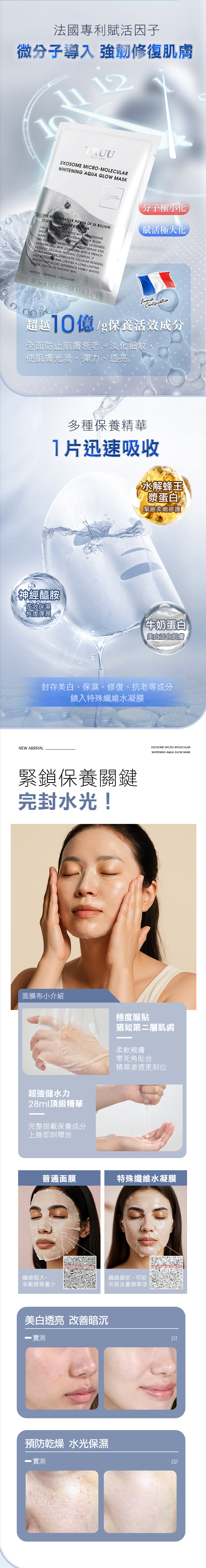 法國專利賦活因子微分子導入 強韌修復肌膚12TRUUTRUE YOUEXOSO MICROMOLECULARWHITENING AQUA GLOW MASK REGENERATIVE POWER OF 25 BILLION- EXOSOMEUNLEASH YOUR RADIANCE WITH THE EXOSOMEMICRO MOLECULAR WHITENING AQUA GLOWME STEM  SCIENTI FIC GRADE EXOSOMES REPAIR ANDBRIGHTEN DOLL SKINWITH A FRENCHPATENTED CELLULAR RENEWAL COMPLEX ITDEEPLY HYDRATES STIMULATES CELLULAR RENEWALAND RECOVERY AND CREATES A LONG-LASTINGHEALTHY SKIN GLOW. EXPERIENCE VISIBLY WHITER.FIRMER AND MORE RADIANT SKIN.WHITENS + RENEWAL+ RECOVERY  分子極小化賦活極大化超越/g保養活效成分全面防止肌膚衰老、淡化細紋,使肌膚光滑、彈力、透亮、多種保養精華1片迅速吸收解蜂王【漿蛋白緊緻柔嫩修護神經醯胺長效保濕恢復彈牛奶蛋白美活化肌膚封存美白、保濕、修復、抗老等成分鎖入特殊纖維水凝膜NEW ARRIVAL緊鎖保養關鍵完封水光!面膜布小介紹超強儲水力28ml頂級精華完整搭載保養成分上臉即刻釋放EXOSOME MICRO-MOLECULARWHITENING AQUA GLOW MASK極度服貼猶如第二層肌膚柔軟親膚零死角貼合精華滲透更到位普通面膜特殊纖維水凝膜纖維粗大,纖維細密,可吸承載精華量少收高含量精華液美白透亮 暗沉- 實測預防乾燥 水光保濕 實測0102