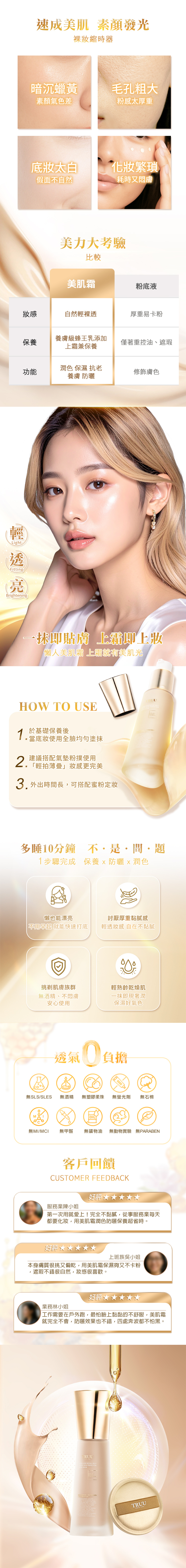 速成美肌 素發光縮時器暗沉蠟黃毛孔粗大素顏氣色差粉太厚重太白假面自然耗時又悶美力大考驗比較美肌粉底液感自然裸透厚重易卡粉保養養級蜂王乳添加霜兼保養僅重控油、遮瑕潤色 保濕 抗老功能修飾膚色養膚 防曬LightFitting輕Brightening即貼膚上霜即上懶人美肌霜 上霜就有美肌光HOW TO USE於基礎保養後當底使用全塗抹 建議搭配氣墊粉撲使用「輕拍薄疊」妝感更完美 外出時間長可搭配蜜粉定妝多1分鐘不問題1步驟完成保養防曬x潤色懶也能漂亮不用早起 就能快速打底討厭厚重黏膩感輕透妝感 自在不黏腻挑剃肌膚族群輕熟齡乾燥肌無酒精、不悶膚安心使用一抹即現著潤保濕好氣色透氣  負擔無SLS/SLES無酒精無塑膠柔珠無螢光劑無石棉無MI/MCIOIL無甲醛無礦物油無動物實驗 無PARABEN客戶回饋CUSTOMER FEBACK服務業陳小姐好評第一次用就愛上!完全不黏膩從事服務業每天都要化妝用美肌霜潤色防曬保養超省時。好評上班族吳小姐本身膚質很挑又偏乾,用美肌霜保濕夠又不卡粉,遮瑕不錯很自然,妝感很喜歡。業務林小姐好評工作需要在戶外跑,最怕臉上黏黏的不舒服,美肌霜就完全不會,防曬效果也不錯,四處奔波都不怕黑。TRUUED SKIN PERFECTOR0TRUU