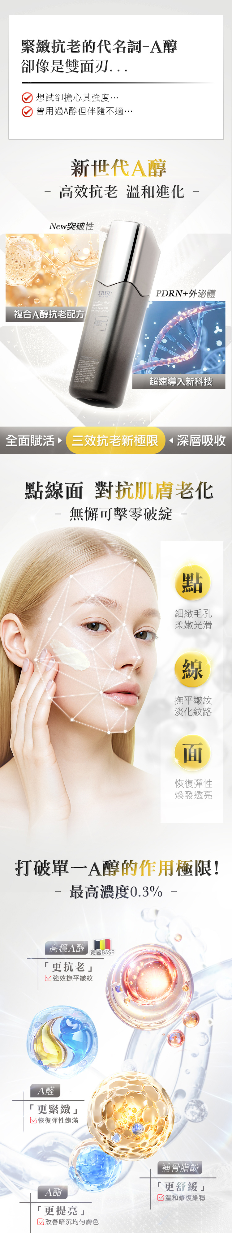抗老的代名詞A醇卻像是雙面想試卻擔心其度…曾過A醇但伴隨不適…新世代A醇高效抗老 進化New突破性TRUU AGE-RENEWALLIFTING CREAM複合A醇抗老配方PRN外泌體超速導入新科技全面賦活 三效抗老新極限深層吸收點線面 對抗肌膚無懈可擊零破綻 -點細緻毛孔柔嫩光滑線撫平淡化紋路面恢復彈性煥發透亮打破單一A醇的作用極限!最高濃度0.3%-高A醇 德國BASF更抗老」強效撫平A醛更緊緻」 恢復彈性飽滿A更提亮」暗沉均勻補骨脂酚更舒緩」溫和修復維穩3A聯動 高效抗老速效A醛1步驟轉換高效步驟轉換A醇「植物界A醇2步驟轉換「補骨脂酚3步驟轉換2A酯抗老活性成分A醇家族並肩合作作用時間抗老效果更直接 顯著 溫和撫平淡化細紋緊緻肌膚超導活化科技大馬士革玫瑰PDRN100  TM100外泌體EXOREGENPRO+大馬士革玫瑰PDRNPOINT 比毛孔小數十倍的小POINT 2.創新DNA技術萃取自玫瑰基因,有效恢復彈性光澤分子,精華直接導入肌底抗老高活成分層層吸收作,淡化紋路用D極小分子更深入、速吸收釋放高活成分淡化細紋,細緻肌膚,防止肌膚衰老更有感開啟吸收新篇章!未使用保養淪為表面效果不彰超導滲透外泌體有助精華吸收滲透肌底活化肌膚