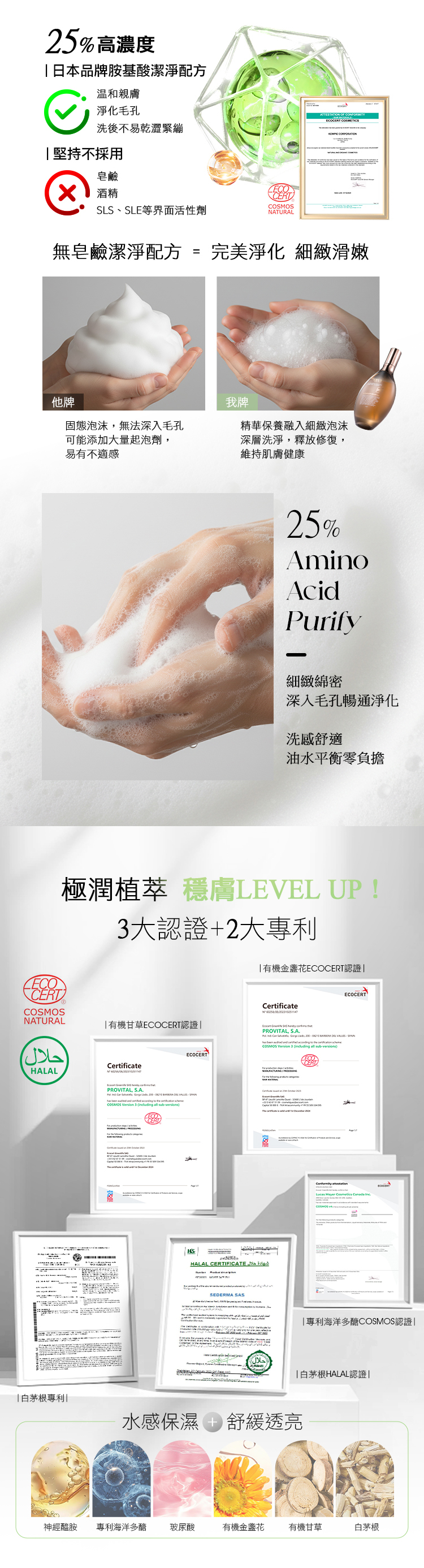 25%高濃度日本品牌胺基酸潔淨配方溫和親膚毛孔洗後不易乾澀緊繃堅持不採用    皂鹼 酒精SLS、SLE等界面活性劑ECOCERTATURAL無皂鹼潔淨配方=完美淨化 細緻滑嫩他牌固態泡沫無法深入毛孔可能添加大量起泡劑易有不適感我牌精華保養融入細緻泡沫深層洗淨,釋放修復,維持肌膚健康25%AminoAcidPurify細緻綿密深入毛孔暢通淨化洗感舒適油水平衡零負擔極潤植萃膚LEVEL UP!大認證+2大TURAL有機甘草認證حلالHALALCertificateN白茅根專利 PROVITAL,  COSMOS     「有機ECOCERT認證CertificateECOCERTECOCERTPROVITAL, S.A.      COSMOS Version 3  all versionsHALAL CERTIFICATE NA  حلال ECOCERT「專利海洋多醣COSMOS認證「白茅根HALAL認證|水感保濕舒緩透亮神經醯胺 專利海洋多醣玻尿酸有機金盞花 有機甘草白茅根