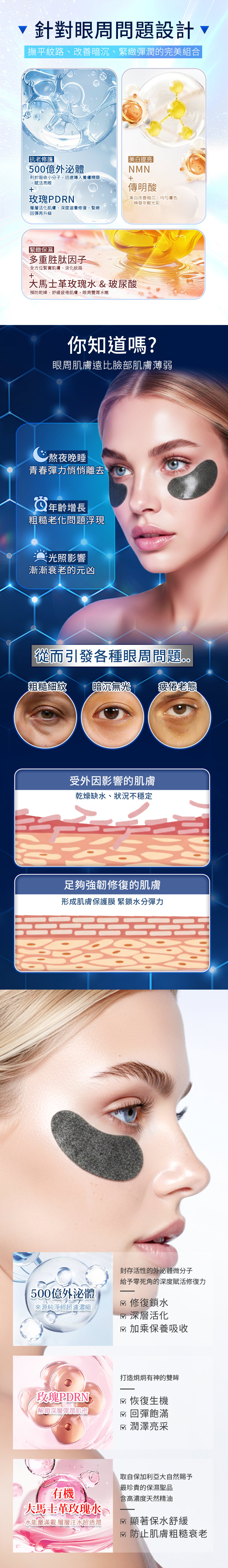 針對眼周問題設計撫平紋路、暗沉、緊緻彈潤的完美組合抗老修護500億外體美白提亮|NN利於吸收小分子迅速導入養膚精華賦活亮眼傳明酸玫瑰PDRN美白暗沉、均勻膚色,煥發年輕光彩層層活化肌膚、深度滋養修復,緊緻回彈再升級緊緻保濕多重胜肽因子全方位緊實肌膚、淡化紋路+大馬士革玫瑰 & 玻尿酸預防乾燥、舒緩疲倦肌膚,眼周豐潤水嫩你知道嗎?眼周肌膚遠比臉部肌膚薄弱熬夜晚睡青春彈力悄悄離去年齡增長粗糙老化問題浮現光照影響漸漸衰老的元凶從而引發各種眼周問題..粗糙細紋 暗沉無光疲倦老態受外因影響的肌膚乾燥缺水、狀況不穩定足夠強韌修復的肌膚形成肌膚保護膜 緊鎖水分彈力封存活性的外泌體微分子給予零死角的深度賦活修復力500億外泌體 修復鎖水來源純淨經超濾濃縮 深層活化 加乘保養吸收打造炯炯有神的雙眸玫瑰PDRN 恢復生機解鎖深層彈潤肌密 回彈飽滿☑ 潤澤亮采取自保加利亞大自然賜予最珍貴的保濕聖品含高濃度天然精油大馬士革玫瑰水水能量滿載 層層注水超透潤☑ 防止肌膚粗糙衰老M 顯著保水舒緩