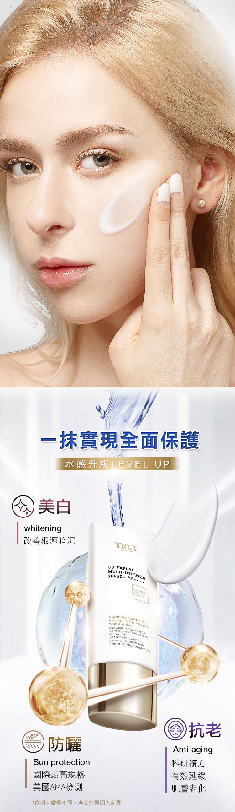 一抹實現全面保護水感升級LEVEL UP美白whitening改善根源暗沉TRUU UV EXPERTMULTDEFENCESPF50+ PA+++COMBINES SCIENCENATURES MOST  IYOUTH ELIXIRWITHANTI-AGING COMPREHENSIVEOF UVAUVB DAMAGESKINDARKENING AND DEHYDRATION防曬Sun protection國際最高規格美國AMA檢測*依個人膚質不同,產品效果因人而異抗老Anti-aging科研複方有效延緩肌膚老化
