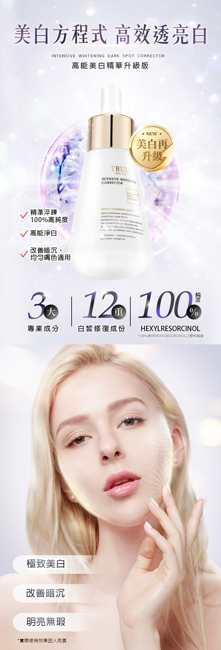 美白方程式 高效透亮白 WHI  SPOT CORRECR褪黑美白精華升級版TRUU YOUINTENSIVE WHITENINGCORRECTORNEW*美白再升級精準淬鍊100%高純度從根源急速淨白斑點、蠟黃、暗沉肌適用 WHITENING  INTENSIVE WHITENING TRGETING DARK SPOTS   THE FORMATION   AND LOOKING  TO A GLOWING  TENING PIGMENTATION    100專業成分白皙修復成份改善暗沉93% 極致美白94%改善暗沉89% 明亮無瑕*經受試者使用28天後滿意度調查結果,使用效果因人而異