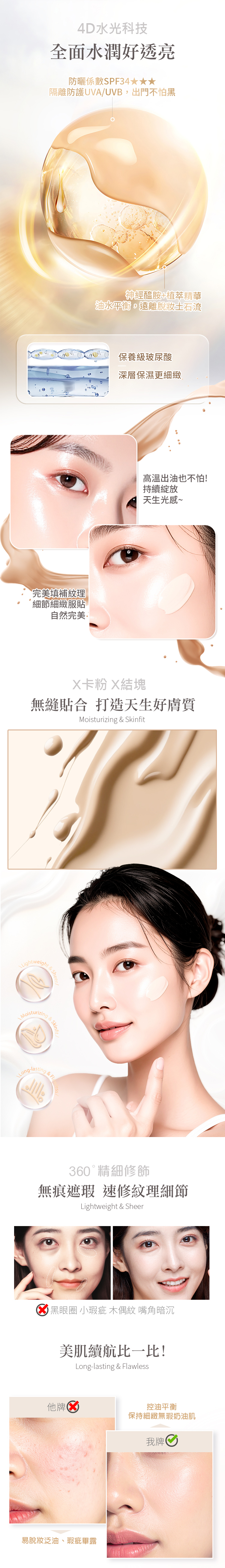 4D水光科技全面水潤好透亮防曬係數PF4隔離防護UVA/UV出門不怕黑神經醯胺植萃精華油水平衡,遠離脫妝土石流S完美填補紋理細節細緻服貼自然完美 保養級玻尿酸深層保濕更細緻出油也不怕!持續綻放天生光感~X卡粉 X結塊無縫貼合 打造天生好膚質Moisturizing SkinfitLightweightB& SheerMoisturizingSkins&-lasting & 360°精細修飾無痕遮瑕 速修紋理細節Lightweight & Sheer 黑眼圈 小瑕疵 木偶紋 嘴角暗沉美肌續航比一比!Long-lasting & Flawless 3控油平衡保持細緻無瑕奶油肌我牌易脫妝泛油、瑕疵畢露