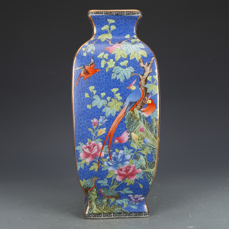 清乾隆琺瑯彩藍地花鳥四方瓶古董古玩收藏真品彩繪花瓶老物件瓷器 