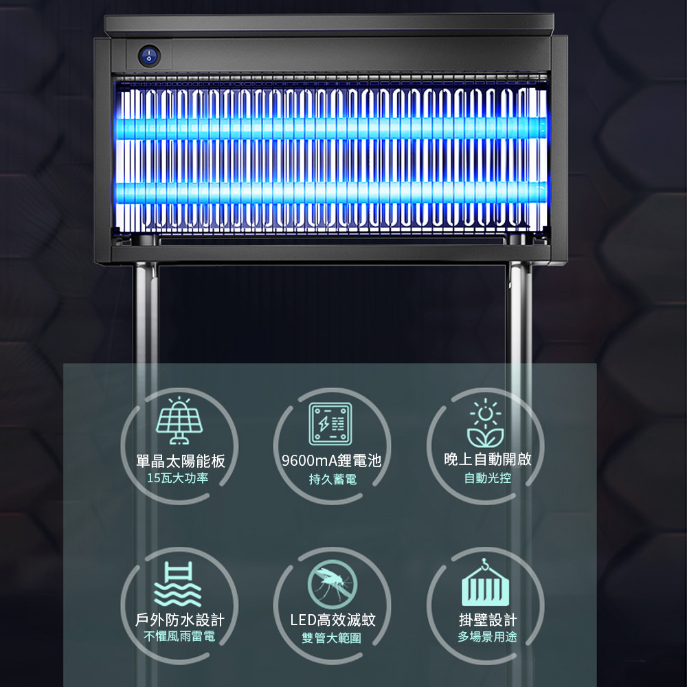 單晶太陽能板15瓦大功率9600mA鋰電池持久蓄電晚上自動開啟自動光控戶外防水設計LED高效滅蚊掛壁設計不懼風雨雷電雙管大範圍多場景用途