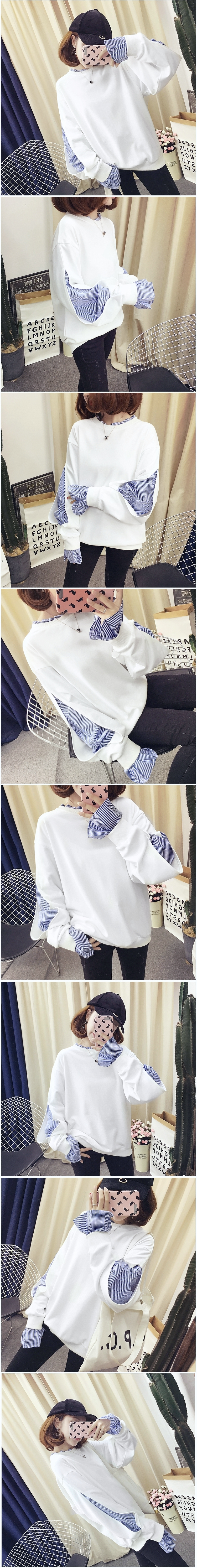 【V2062】shiny藍格子-甜美主題．拼接條紋假兩件長袖上衣