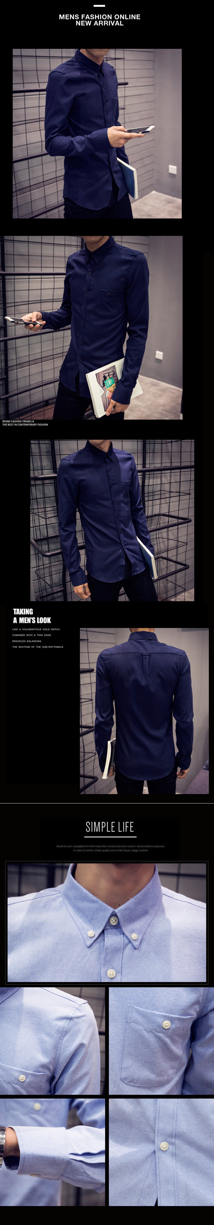 【Y003】shiny藍格子-帥性基調．韓版修身純色帥氣紳士休閒長袖襯衫