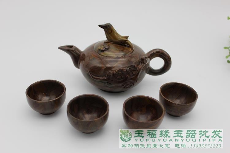 天然女媧石茶具五彩竹葉青茶壺玉石喜上眉梢壺禮品套盒| 協貿國際日用品