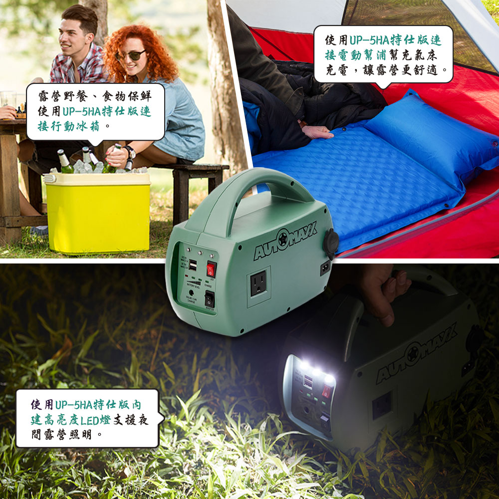 露營野餐、食物保鲜使用UP-5HA特仕版連接行動冰箱。使用UP-5HA特仕版連接電動幫浦幫充氣床充電,讓露營更舒適。使用UP-5HA特仕版建高亮度LED燈支援夜間露營照明。