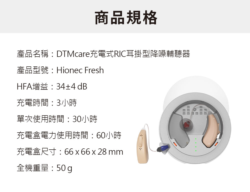 商品規格產品名稱:DTMcare充電式RIC耳掛型降噪輔聽器產品型號:Hionec FreshHFA增益:34±4 dB充電時間:3小時單次使用時間:30小時充電盒電力使用時間:60小時充電盒尺寸:66x66x28mm全機重量:50g
