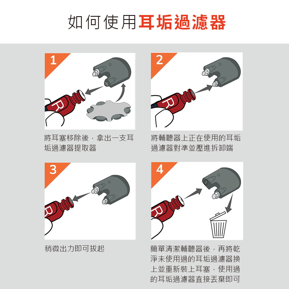 1如何使用耳垢過濾器2將耳塞移除後,拿出一支耳垢過濾器提取器將輔聽器上正在使用的耳垢過濾器對準並壓進拆卸端34稍微出力即可拔起簡單清潔輔聽器後,再將乾淨未使用過的耳垢過濾器換上並重新裝上耳塞,使用過的耳垢過濾器直接丟棄即可
