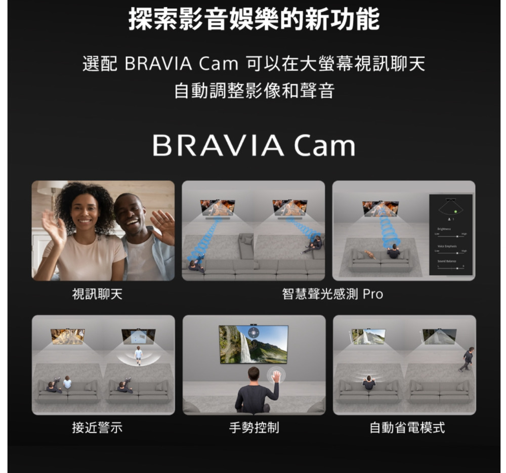 探索影音娛樂的新功能選配 BRAVIA Cam 可以在大螢幕視訊聊天自動調整影像和聲音BRAVIA Cam視訊聊天智慧聲光感測 Pro 接近警示手勢控制自動省電模式