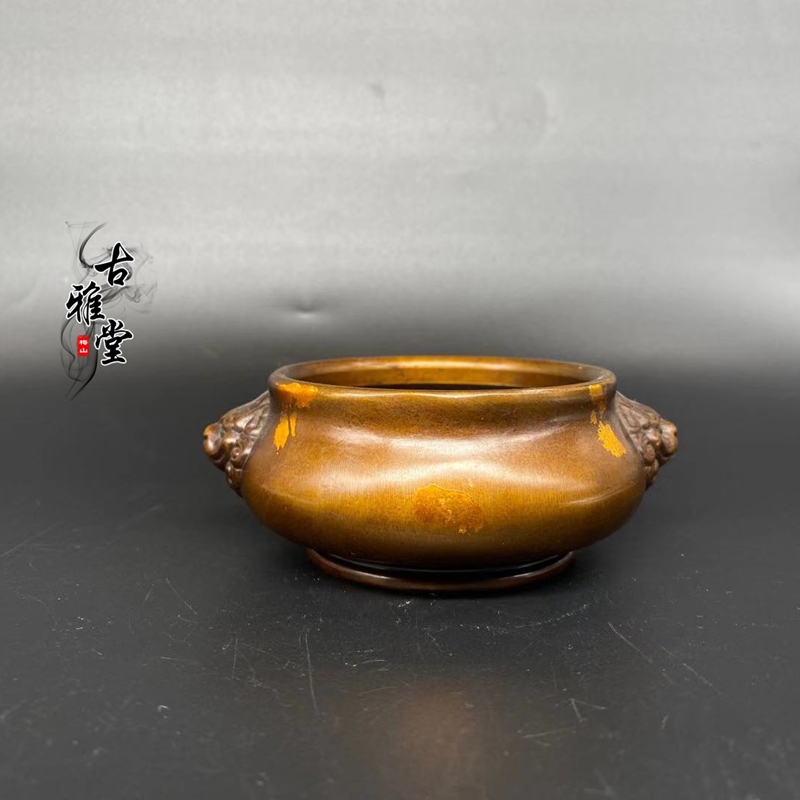 古董宣德年制銅香爐虎頭銅爐點金鎏金香爐復古家居擺件雙獅貔貅爐