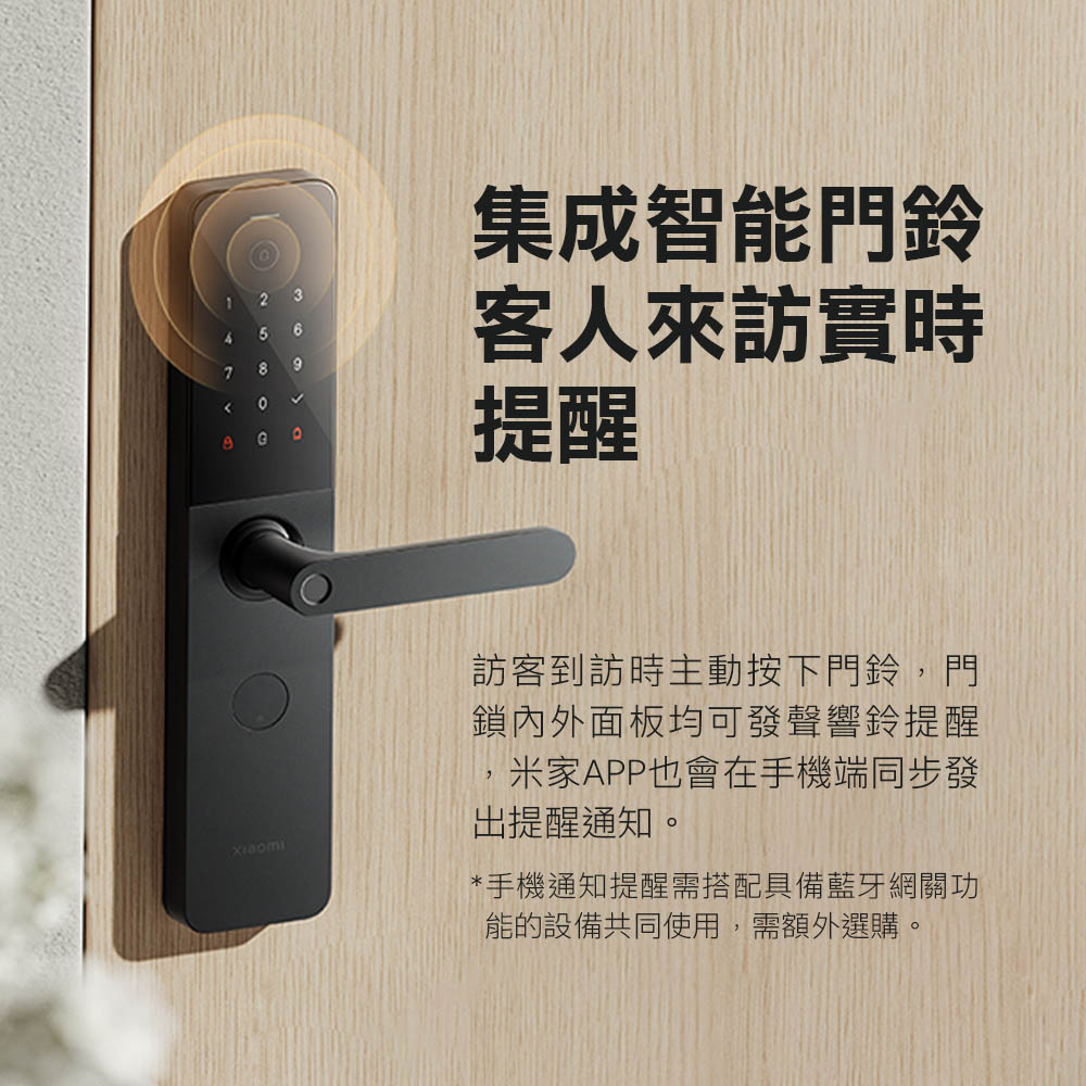 1 245678集成智能門鈴客人來訪實時提醒訪客到訪時主動按下門鈴,門鎖內外面板均可發聲響鈴提醒米家APP也會在手機端同步發出提醒通知。*手機通知提醒需搭配具備藍牙網關功能的設備共同使用,需額外選購。