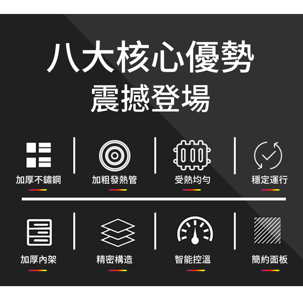 八大核心優勢震撼登場◎加厚不鏽鋼加粗發熱管受熱穩定運行加厚內架精密構造智能控溫簡約面板
