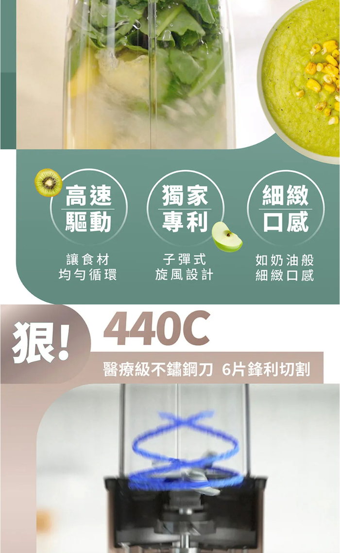 高速獨家細緻驅動專利口感讓食材子彈式均勻循環旋風設計如奶油般細緻口感 440C狠!醫療級不鏽鋼刀 6片鋒利切割