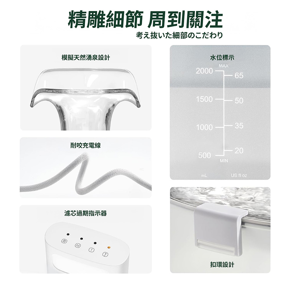精雕細節 周到關注考え抜いた細部のこだわり模擬天然湧泉設計水位標示MAX200065150050100035耐咬充電線20500MIN濾芯過期指示器mLUS fl oz扣環設計