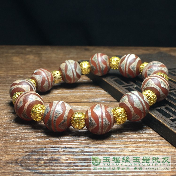 藏傳天然風化西亞老瑪瑙紅玉髓雙虎牙天珠手串圓珠手鏈飾品配珠| 協貿