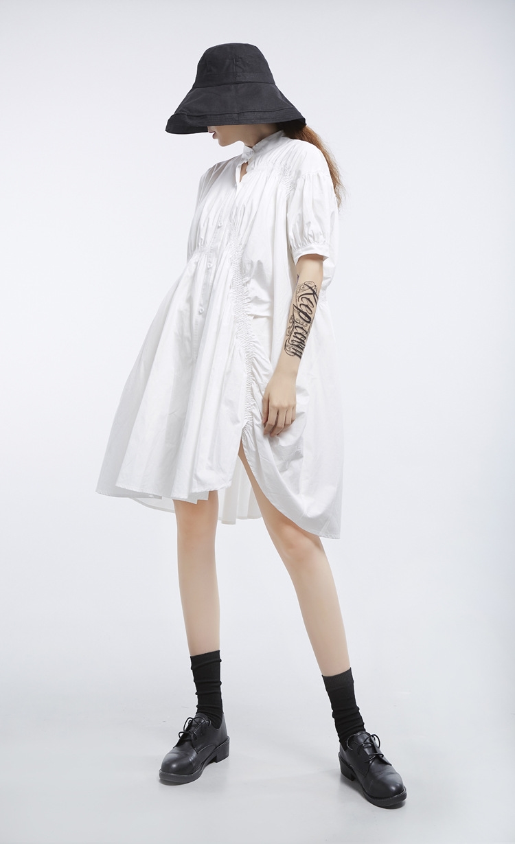 不規則褶縐立領襯衫式洋裝連身裙大尺碼 【13-16-81070-19】ibella 艾貝拉