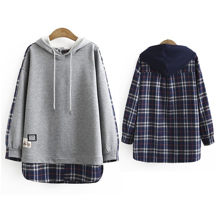 Mens patchwork plaid contrast faux online twinset casual drawstring hoodies with pocket