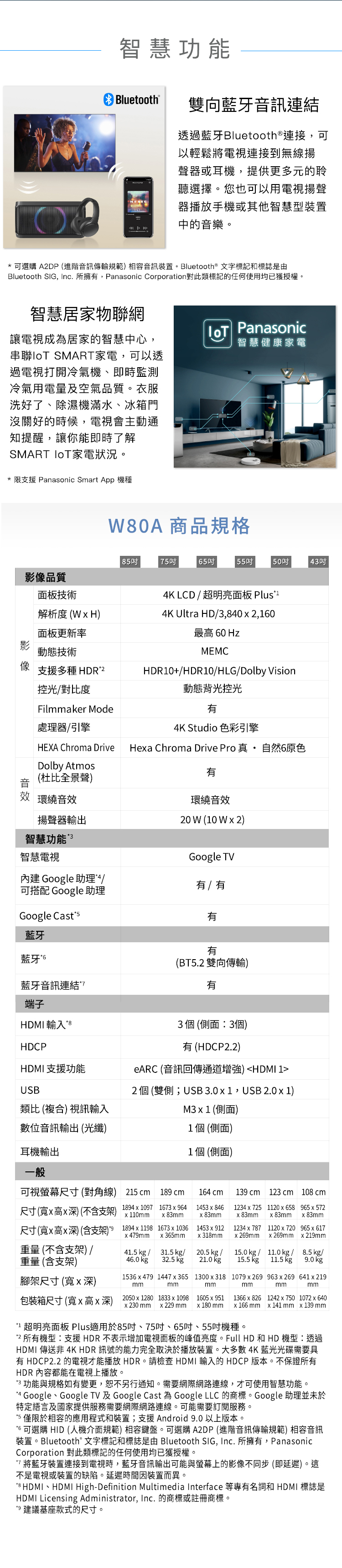 智慧功能Bluetooth®雙向音訊連結透過藍牙Bluetooth®連接,可以輕鬆將電視連接到無線揚聲器或耳機,提供更多元的聆聽選擇。您也可以用電視揚聲器播放手機或其他智慧型裝置中的音樂。 可選購 A2DP(進階音訊傳輸規範相容音訊裝置。Bluetooth® 文字標記和標誌是由Bluetooth SIG, Inc. 所擁,Panasonic Cororation對此類標記的任何使用均已獲授權。智慧居家物聯網讓電視成為居家的智慧中心,串聯 SMART家電,可以透過電視打開冷氣機、即時監測冷氣用電量及空氣品質。衣服洗好了、除濕機滿水、冰箱門沒關好的時候,電視會主動通知提醒,讓你能即時了解SMART 家電狀況。 Panasonic智慧健康家電 限支援 Panasonic Smart App 機種80A 商品規格8 565  55吋 50吋43吋影像品質面板技術解析度 (  H)面板更新率動態技術像支援多種 HDR2控光對比度Filmmaker Mode處理器引擎HEXA Chroma Drive音Dolby Atmos(杜比全景聲)效 環繞音效揚聲器輸出智慧功能4K LCD  超明亮面板 Plus4K Ultra HD/3,8402,60最高 60 HzMEMCHDR0+/HDR10/HLG/Dolby Vision動態背光控光4K Studio 色彩引擎Hea Chroma Drive Pro 真·自然6原色環繞音效20 W (10 W  2)Google TV智慧電視 Google 助理4/有 / 有可搭配 Google 助理Google Cast5藍牙藍牙有有藍牙音訊連結(BT5.2 雙向傳輸)有端子HDMI 輸入8HDCPHDMI 支援功能3個(側面:3個)有(HDCP2.2)eARC (音訊回傳通道增強)HDMI 1USB2 個 (雙側;USB 3.0  1,USB 2.0  1)類比 (複合) 視訊輸入M3  1 (側面)數位音訊輸出(光纖)1個 (側面)耳機輸出1 個 (側面)一般可視螢幕尺寸 (對角線) 215 cm尺寸(高深)(不含支架) 184107 1673964189 cm 164 cm139 cm 123 cm 108 cm1453  846 110mm  83mm83mm1234725 112065883mm x83mm965x 572x 83mm尺寸(x高x深)(含支架)9 1894x1198 1673 1036x 479mm x365mmx318mm重量(不含支架) /41.5 kg / 31.5 kg/重量(含支架)46.0 kg32.5 kg20.5 kg /21.0 kg腳架尺寸(寬x深)1536x4791447x3651453 x 9121234 x 787 1120x720x 269mm x269mm  219mm15.0 kg / 11.0 kg / 8.5kg/15.5 kg p 11.5 kg1300x3181079x269 963x269 641x219965x6179.0kgmmmmmmmmmmmm包裝箱尺寸(寬x高x深)2050x12801833x10981605  951x 230 mm x229 mmx180mm1366  826  1242x7501072x640x 166 mm x 141 mm x 139 mm1 超明亮面板 Plus適用於85吋、75吋、65吋、55吋機種。2所有機型:支援HDR不表示增加電視面板的峰值亮度。Full HD 和 HD 機型:透過HDMI 傳送非 4K HDR 訊號的能力完全取決於播放裝置。大多數4K藍光光碟需要具有 HDCP2.2 的電視才能播放HDR。請檢查 HDMI 輸入的 HDCP 版本。不保證所有HDR 內容都能在電視上播放。3 功能與規格如有變更,恕不另行通知。需要網際網路連線,才可使用智慧功能。1 Google、Google TV 及 Google Cast 為 Google LLC 的商標。Google 助理並未於特定語言及國家提供服務需要網際網路連線。可能需要訂閱服務。*5 僅限於相容的應用程式和裝置;支援Android 9.0 以上版本。*6 可選購 HID (介面規範)相容鍵盤。可選購A2DP (進階音訊傳輸規範) 相容音訊裝置。Bluetooth®文字標記和標誌是由 Bluetooth SIG, Inc. 所擁有,PanasonicCorporation 對此類標記的任何使用均已獲授權。*7將藍牙裝置連接到電視時,藍牙音訊輸出可能與螢幕上的影像不同步 (即延遲)。這不是電視或裝置的缺陷。延遲時間因裝置而異。*8 HDMI、HDMI High-Definition Multimedia Interface 等專有名詞和 HDMI 標誌是HDMI Licensing Administrator, Inc. 的商標或註冊商標。*9 建議基座款式的尺寸。