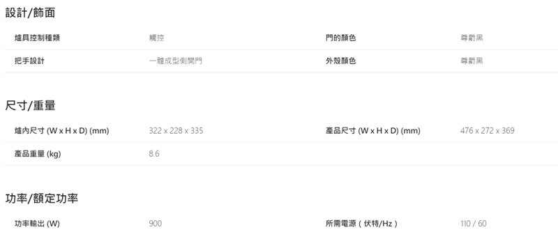 設計/飾面爐具控制種類觸控門的颜色尊爵把手設計一體成型側開門外殼颜色尊爵黑尺寸/重量爐內尺寸(WxHxD) (mm)322x228 x 335產品尺寸(W x H x D) (mm)476x272x369產品重量 (kg)功率/額定功率功率輸出 (W)900所需電源(伏特/Hz)110/60