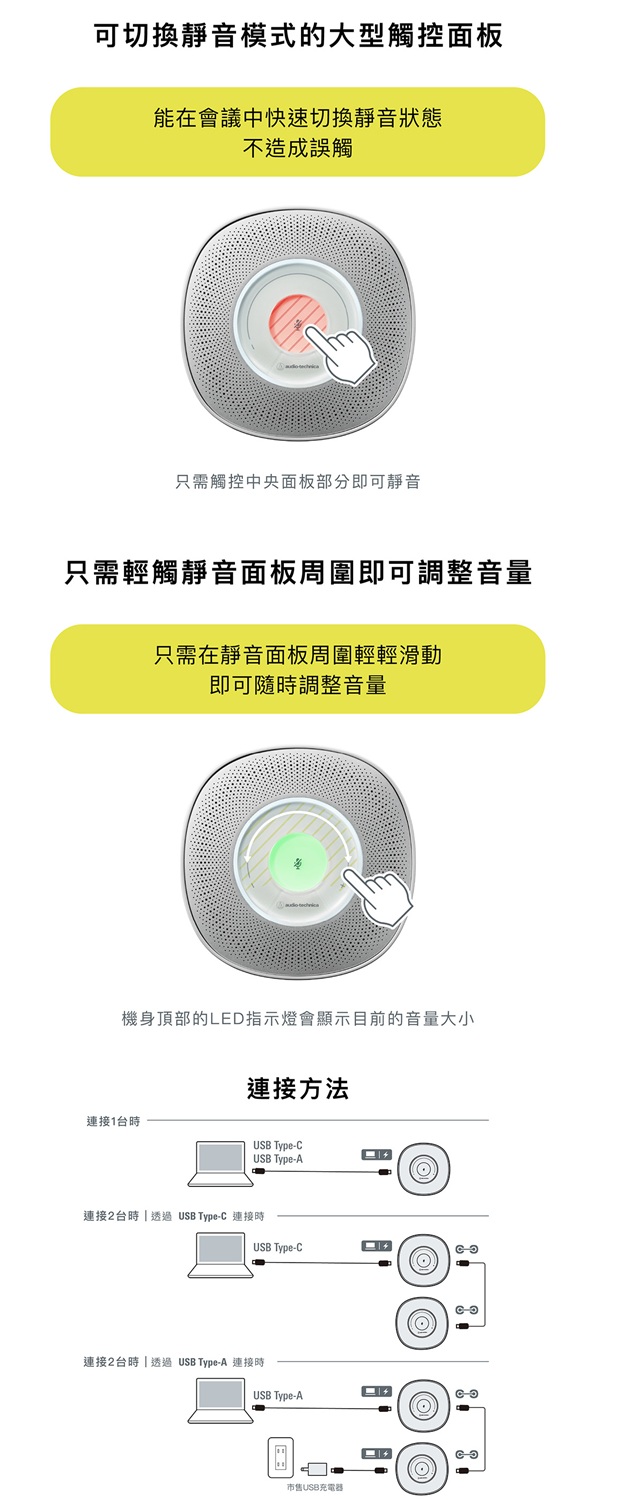 可切換靜音模式的大型觸控面板能在會議中快速切換靜音不造成誤觸只需觸控中央面板部分即可靜音只需輕觸靜音面板周圍即可調整音量只需在靜音面板周圍輕輕滑動即可隨時調整音量機身頂部的LED指示燈會顯示目前的音量大小連接方法連接1台時USB Type-CUSB Type-A連接2台時透過USB Type-C 連接時USB Type-C連接2台時透過USB Type-A 連接時USB Type-A市售USB充電器