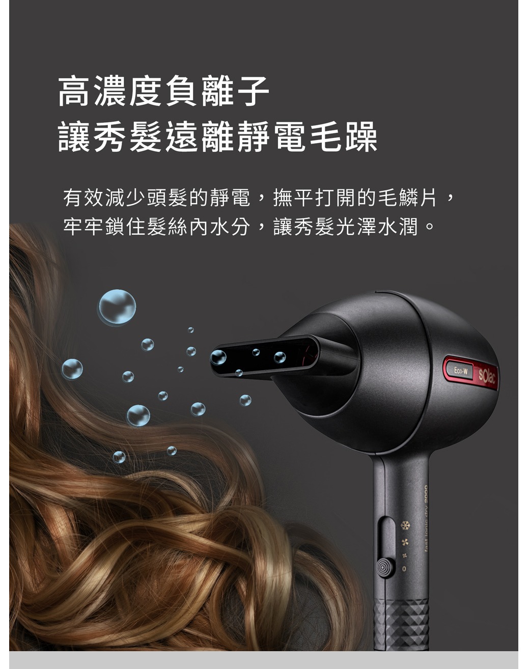 高濃度負離子讓秀髮遠離靜電毛躁有效減少頭髮的靜電,撫平打開的毛鱗片,牢牢鎖住髮絲內水分,讓秀髮光澤水潤。Eco-W