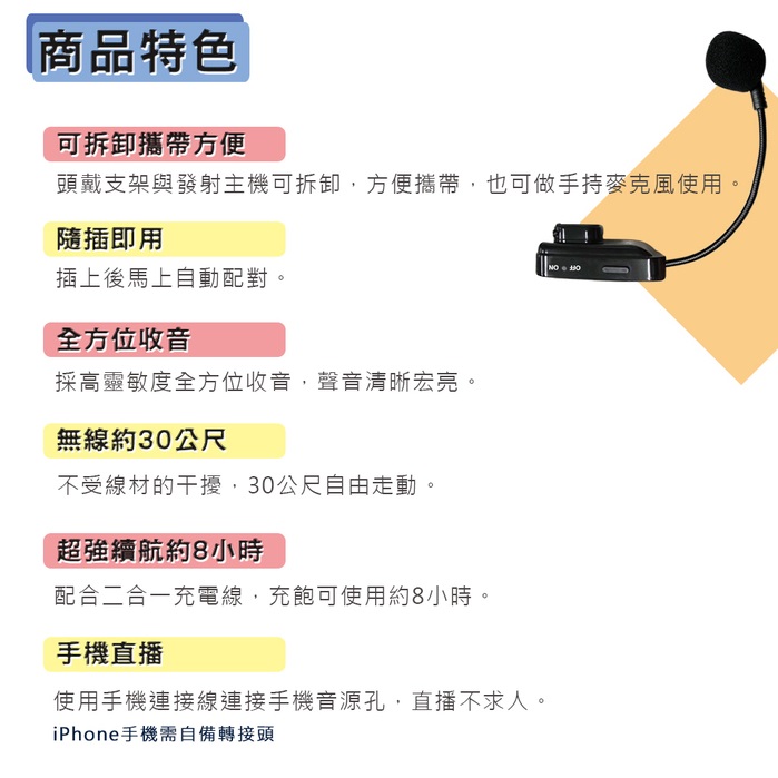 商品特色可拆卸攜帶方便頭戴支架與發射主機可拆卸,方便攜帶,也可做手持麥克風使用。隨插即用插上後馬上自動配對。全方位收音採高靈敏度全方位收音,聲音清晰宏亮。無線約30公尺不受線材的干擾,30公尺自由走動。超強續航約8小時配合二合一充電線,充飽可使用約8小時。手機直播使用手機連接線連接手機音源孔,直播不求人。iPhone手機需自備轉接頭