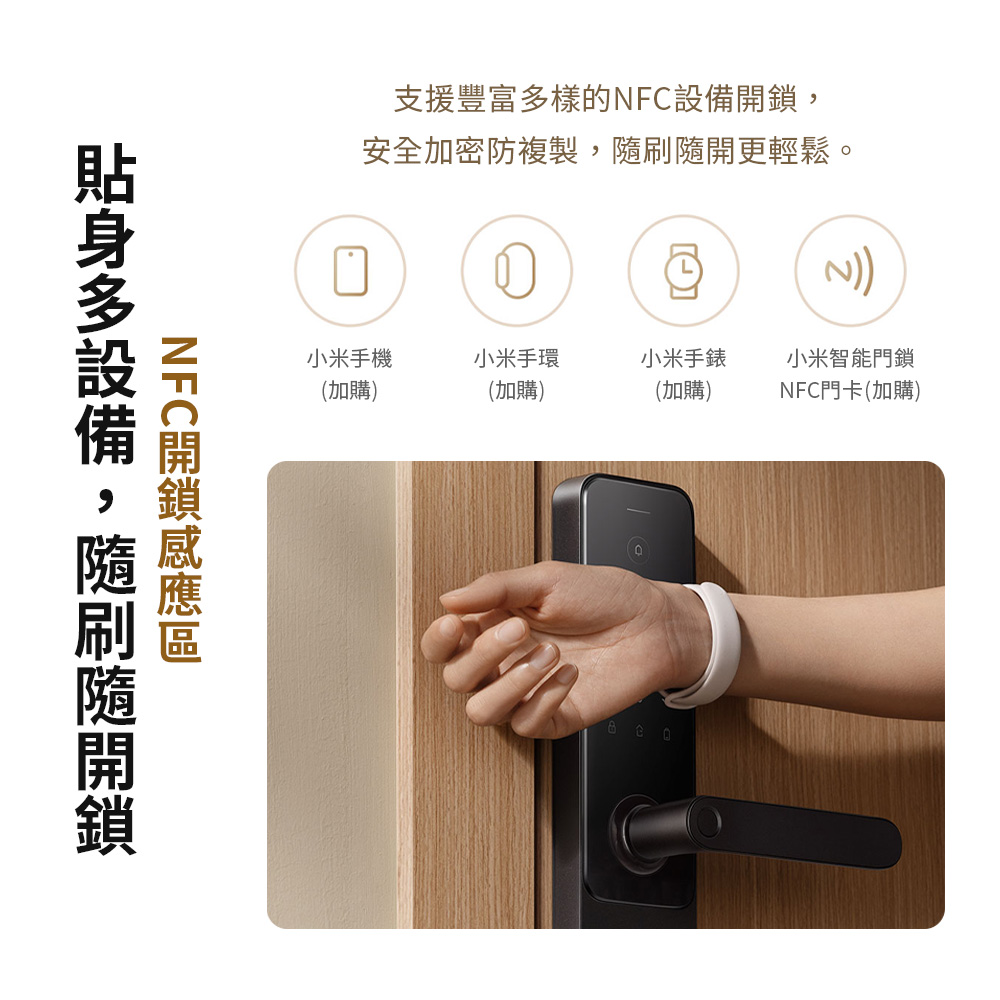 支援豐富樣的安全加密防複製,開更輕鬆。N小米手機小米手環小米手錶小米智能門鎖(加購)(加購)(加購)NFC門卡(加購)NFC多設備,隨刷隨開鎖