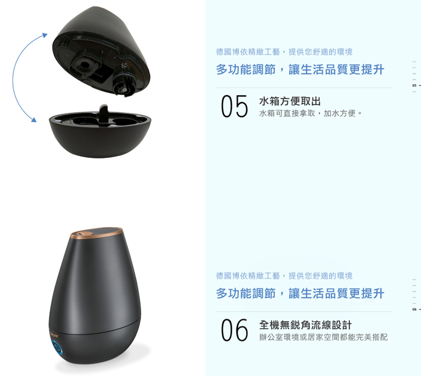 德國博依精緻工藝,提供您舒適的環境多功能調節,讓生活品質更提升05 水箱方便取出水箱可直接拿取,加水方便。 德國博依精緻工藝,提供您舒適的環境多功能調節,讓生活品質更提升-----06全機無流線設計辦公室環境或居家空間都能完美搭配