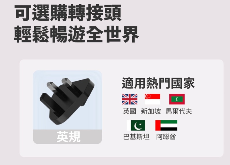 可選購轉接頭輕鬆暢遊全世界英規適用熱門國家英國 新加坡 馬爾代夫 巴基斯坦 阿聯酋