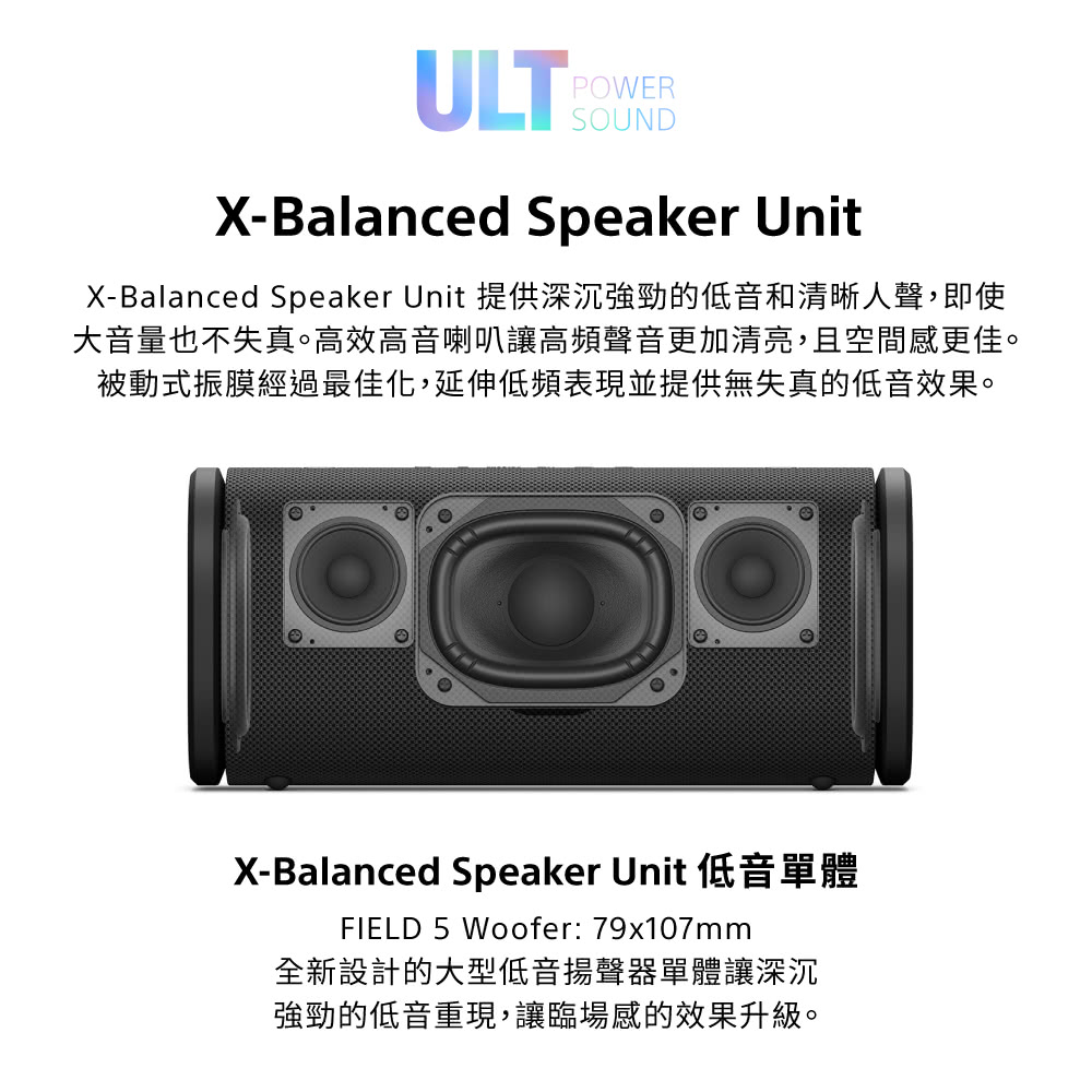 POWERULT X-Balanced Speaker UnitX-Balanced Speaker Unit 提供深沉的低音和清晰人聲,即使大音量也不失真。高效高音喇叭讓高頻聲音更加清亮,且空間感更佳。被動式振膜經過最佳化,延伸低頻表現並提供無失真的低音效果。X-Balanced Speaker Unit 低音單體FIELD 5 Woofer: 79x107mm全新設計的大型低音揚聲器單體讓深沉強勁的低音重現,讓臨場感的效果升級。
