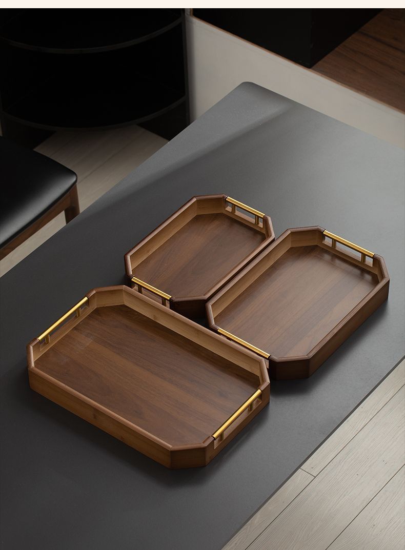 3-Piece Wooden Serving Tray Set With Gold Metal Handle 30 3-Piece Wooden Serving Tray Set With Gold Metal Handle