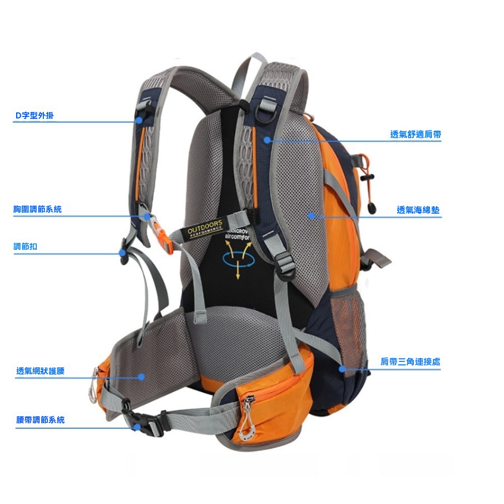 D字型外掛胸圍調節系統調節扣透氣網狀腰帶調節系統OUTDOORSaircomforTO透氣舒適肩帶透氣海綿墊肩帶三角連接處