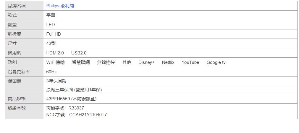 款式類型品牌名稱Philips 飛利浦平面LED解析度Full HD尺寸適用於43型HDMI2.0USB2.0功能WIFI傳輸 智慧聯網 無線搖控其他Disney+NetflixYouTube Google tv螢幕更新率60Hz保固期3年保固期原廠三年保固(營業用1年保)43PFH6559 (不附視訊盒)商品規格認證字號商檢字號:R33037NCC字號:CCAH21Y11040T7