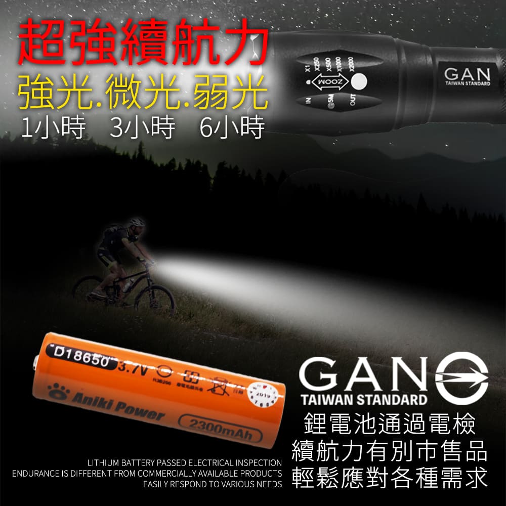 超強續航力強光.微光.弱光1小時3小時 6小時GAN STANDARDD18650 Aniki Power2300mAhLITHIUM BATTERY PASSED ELECTRICAL INSPECTIONENDURANCE IS DIFFERENT FROM COMMERCIALLY AVAILABLE PRODUCTSEASILY RESPOND TO VARIOUS NEEDSTAIWAN STANDARD鋰電池通過電檢續航力有別市售品輕鬆應對各種需求