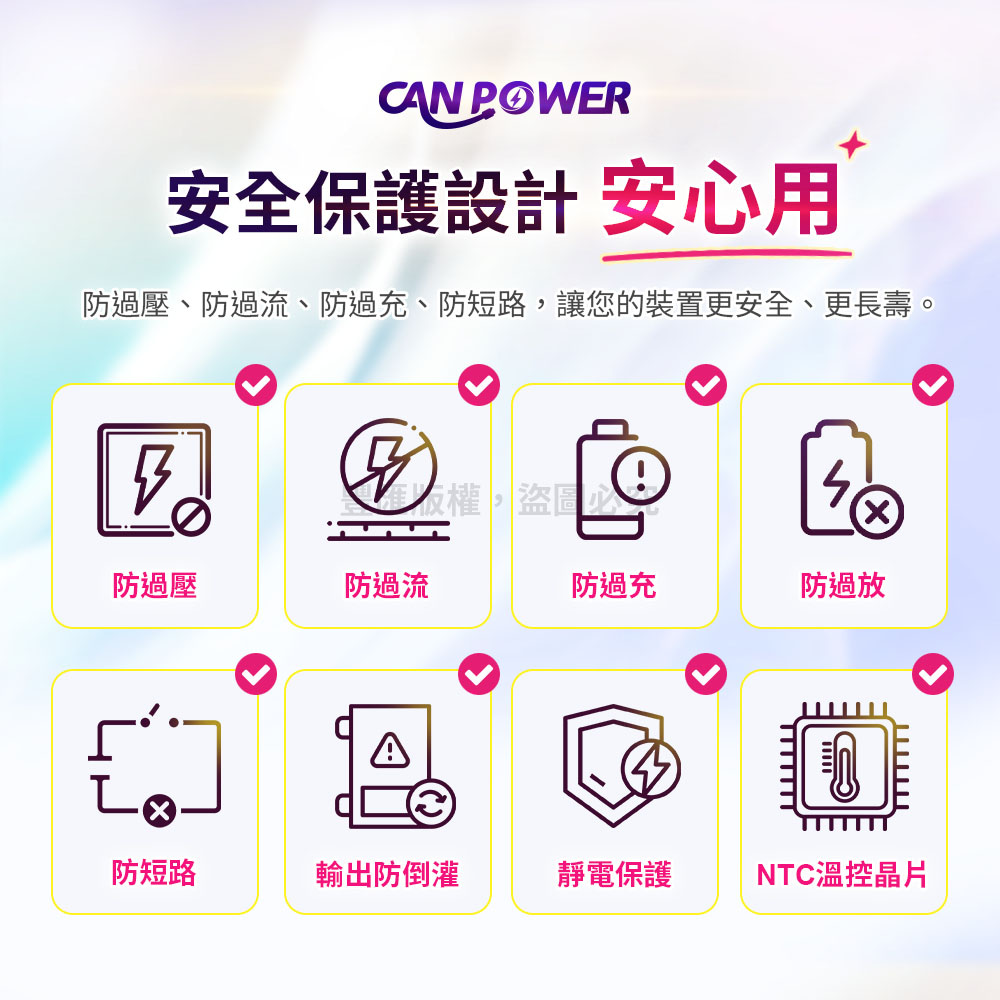 CANPOWER安全保護設計 安心用防過壓、防過流、防過充、防短路讓您的裝置更安全、更長壽。權,盜圖防過壓防過流防過充防過放防短路輸出防倒灌靜電保護NTC温控晶片
