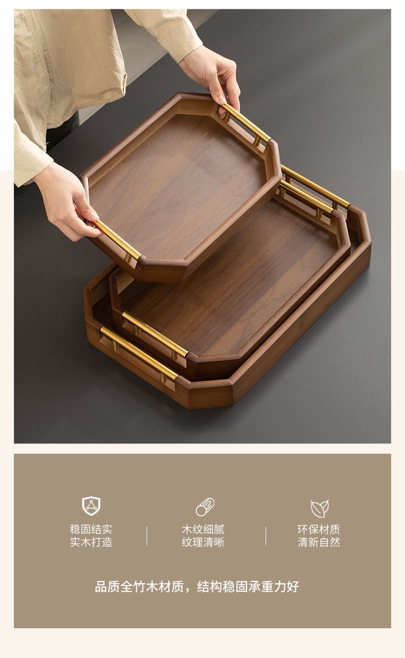 3-Piece Wooden Serving Tray Set With Gold Metal Handle 20 3-Piece Wooden Serving Tray Set With Gold Metal Handle