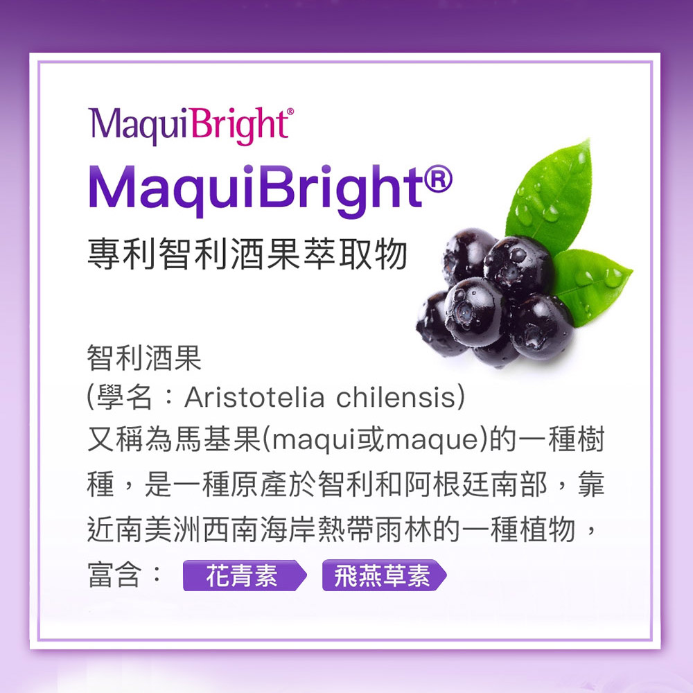 Maqui BrightMaquiBrightⓇ專利智利酒果萃取物智利酒果(學名:Aristotelia chilensis)又稱為馬基果(maqui或maque)的一種樹種,是一種原產於智利和阿根廷南部,靠近南美洲西南海岸熱帶雨林的一種植物,富含: 花青素 飛燕草素