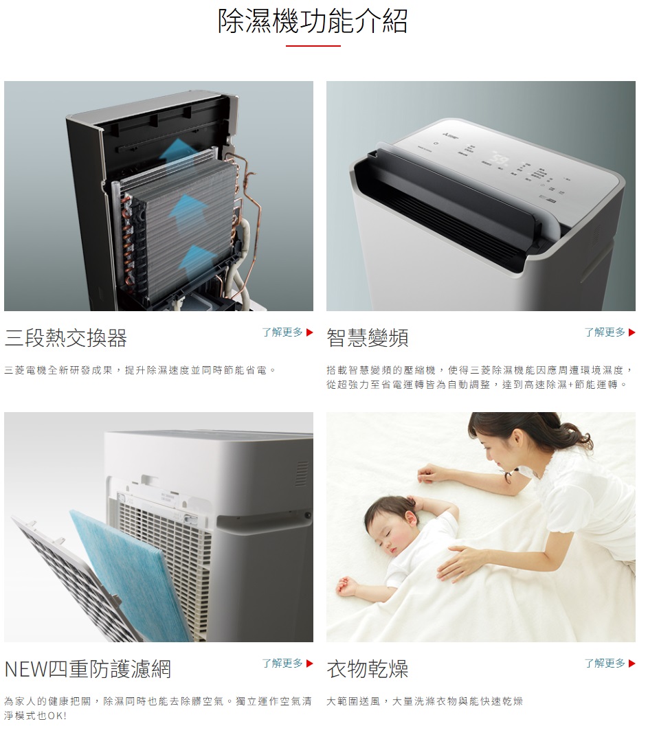除濕機功能介紹三段熱交換器了解更多 智慧變頻了解更多三菱電機全新研發成果,提升除濕速度並同時節能省電。搭載智慧變頻的壓縮機,使得三菱除濕機能因應周遭環境濕度,從超強力至省電運轉皆為自動調整,達到高速除濕+節能運轉。NEW四重防護濾網了解更多 衣物乾燥為家人的健康把關,除濕同時也能去除髒空氣。獨立運作空氣清 大範圍送風,洗滌衣物與能快速乾燥淨模式也OK!了解更多 ▶