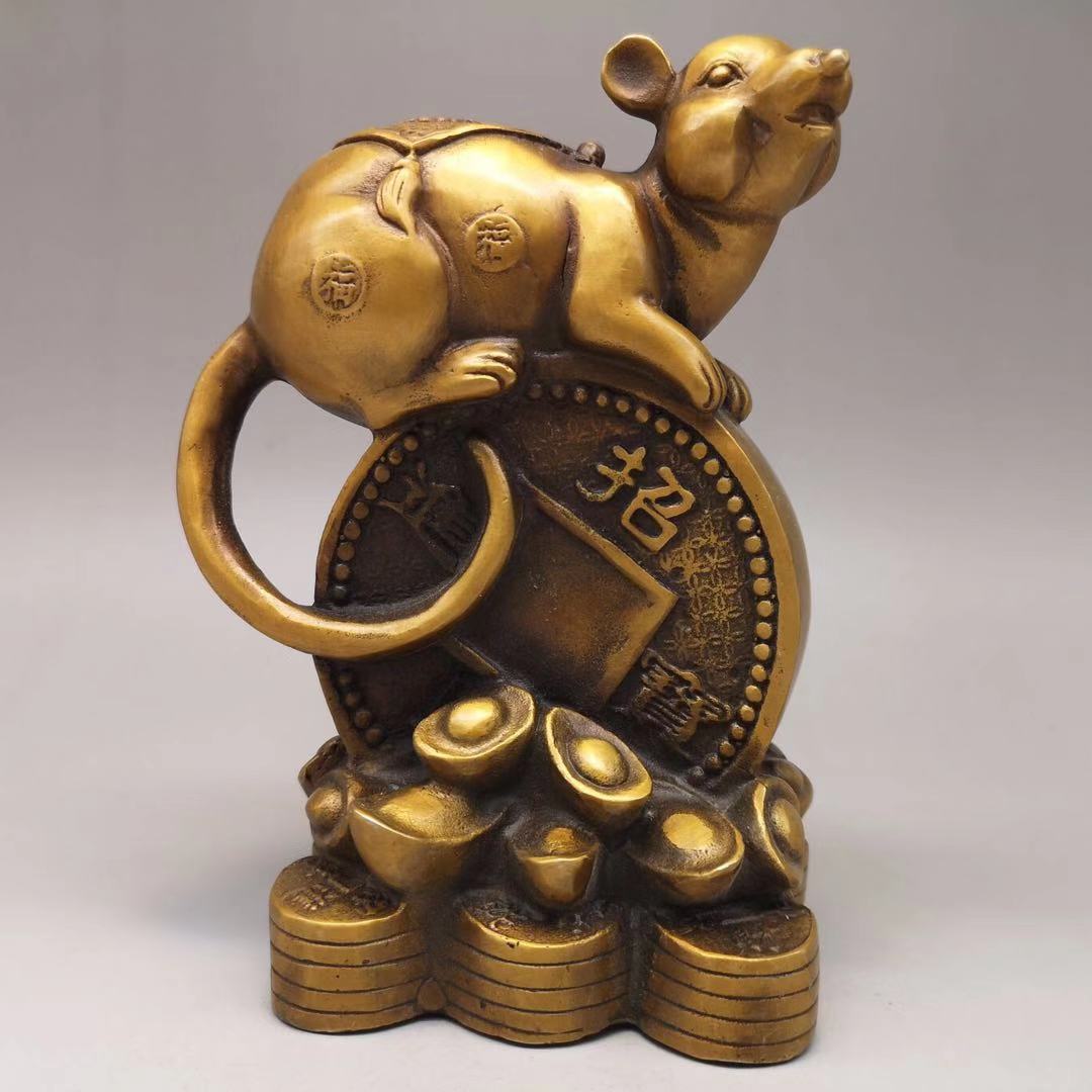 仿古純銅金錢鼠十二生肖招財鼠腳踩元寶銅老鼠居家招財桌面工藝品
