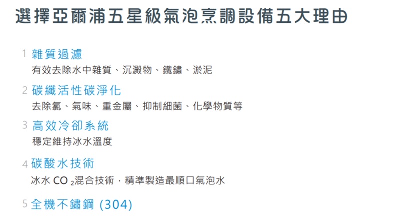 選擇亞爾浦五星級氣泡烹調設備五大理由1雜質過濾有效去除水中雜質沉澱物、鐵鏽、淤泥2碳纖活性碳淨化去除氯、氣味、重金屬、抑制細菌、化學物質等3 高效冷卻系統穩定維持冰水溫度4碳酸水技術冰水 混合技術,精準製造最順口氣泡水5全機不鏽鋼 (304)