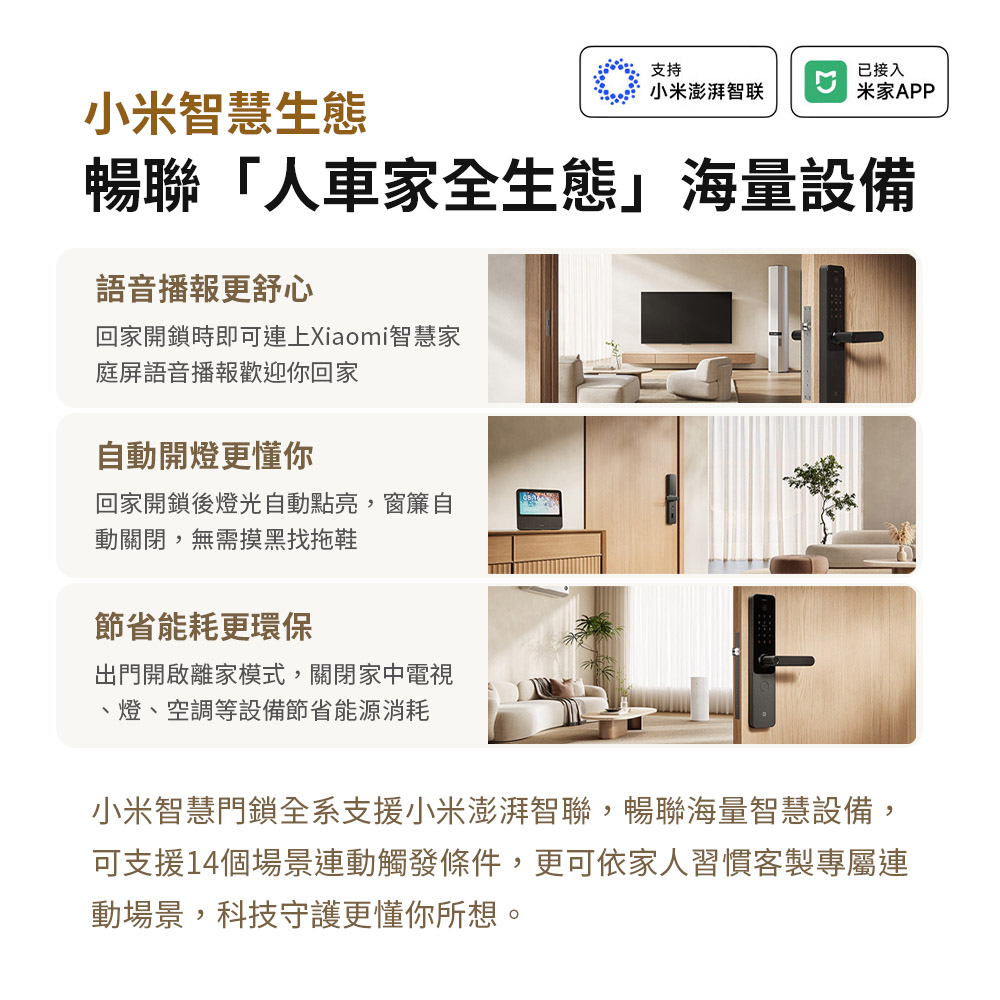 小米智慧生態支持小米澎湃智联已接入米家APP暢聯「人車家全生態海量設備語音播報更舒心回家開鎖時即可連上Xiaomi智慧家庭屏語音播報歡迎你回家自動開燈更懂你回家開鎖後燈光自動點亮,窗簾自動關閉,無需摸黑找拖鞋節省能耗更環保出門開啟離家模式,關閉家中電視、燈、空調等設備節省能源消耗小米智慧門鎖全系支援小米澎湃智聯,暢聯海量智慧設備,可支援14個場景連動觸發條件,更可依家人習慣客製專屬連動場景,科技守護更懂你所想。