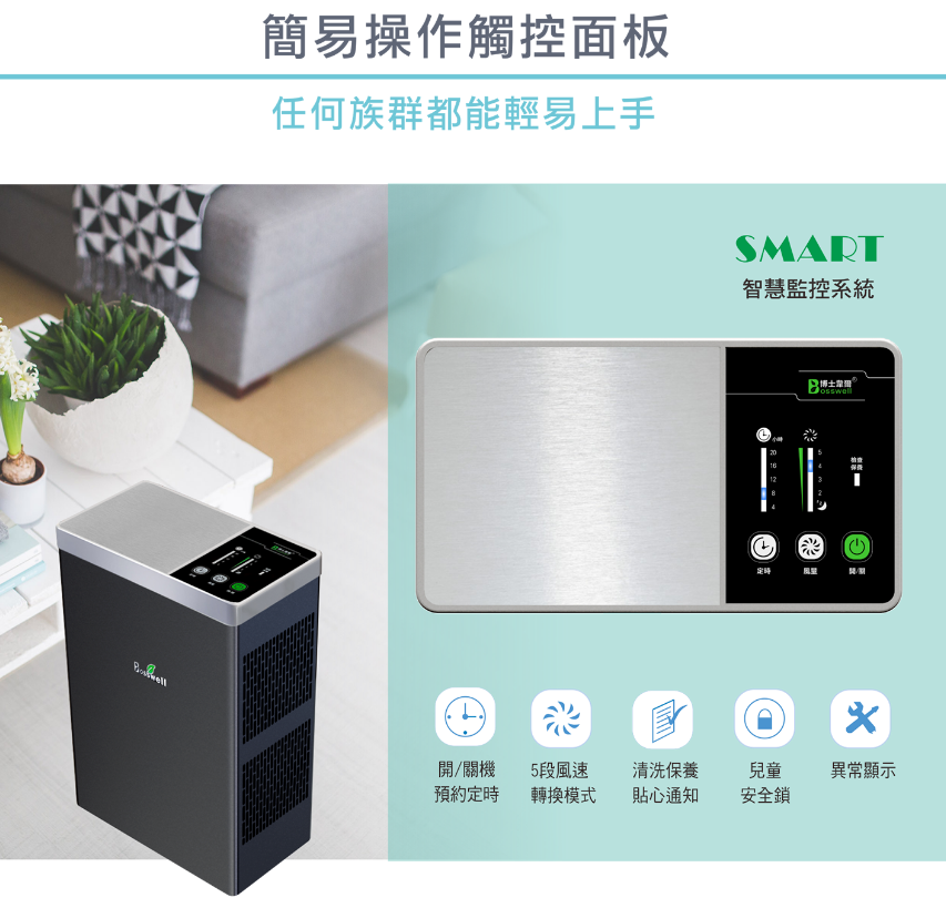 簡易操作觸控板任何族群都能輕易上手SMART智慧監控系統定時12博士面開/關機預約定時5段風速清洗保養兒童異常顯示轉換模式貼心通知安全鎖